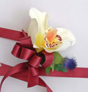 Ivory Silk Orchid & Thistle Wrist Corsage with Burgundy Bow