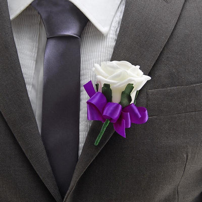 Ivory Diamante Foam Rose & Purple Bow Wedding Buttonhole