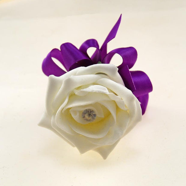 Ivory Diamante Foam Rose & Purple Bow Wedding Buttonhole