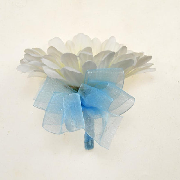Ivory Silk Gerbera & Blue Organza Bow Wedding Buttonhole