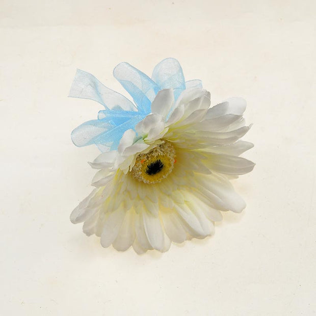 Ivory Silk Gerbera & Blue Organza Bow Wedding Buttonhole