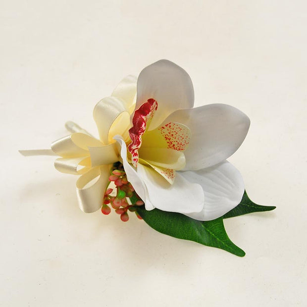Ivory Silk Orchid, Berry & Ficus Wedding Guest Buttonhole