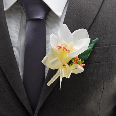 Ivory Silk Orchid, Berry & Ficus Wedding Guest Buttonhole