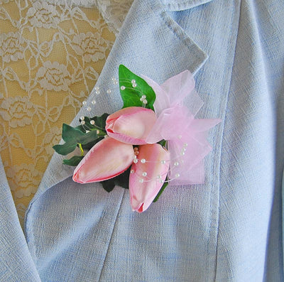 Ladies Pink Silk Tulip & Pearl Wedding Pin Corsage