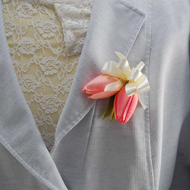 Ladies Double Pink Silk Tulip Pin On Wedding Corsage