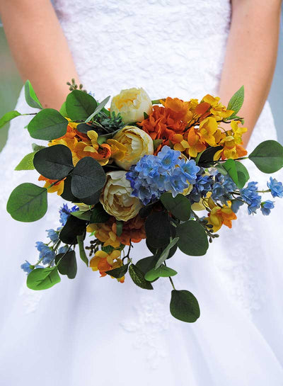 Large Bridal Wedding Bouquet, Orange Hydranga, Blue Delphinium & Mustard Cherry Blossom