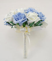 Light Blue, Ivory Rose & Pearl Bridesmaids Wedding Bouquet