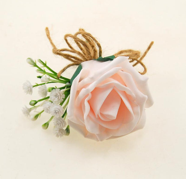 Light Pink Rose & Ivory Gypsophila Twine Bow Wedding Guest Buttonhole
