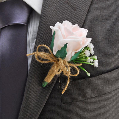 Light Pink Rose & Ivory Gypsophila Twine Bow Wedding Guest Buttonhole