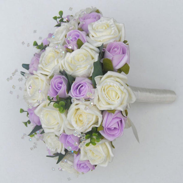 Brides Lilac & Ivory Rose Eucalyptus Crystal Bridal Bouquet