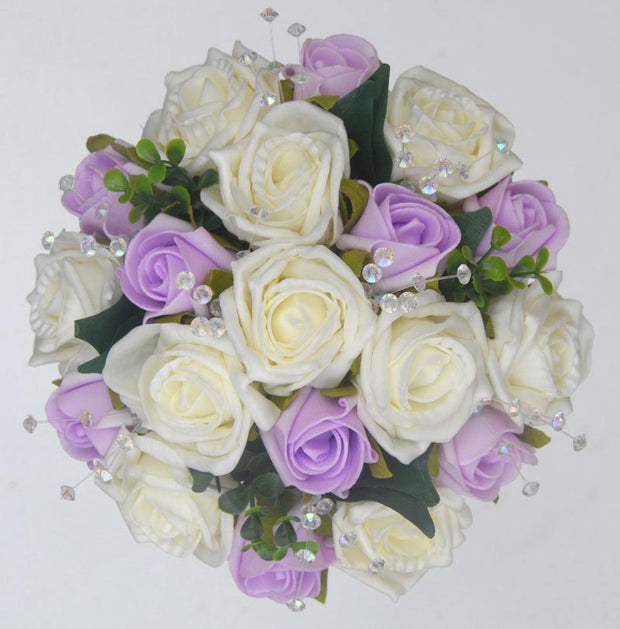 Brides Lilac & Ivory Rose Eucalyptus Crystal Bridal Bouquet