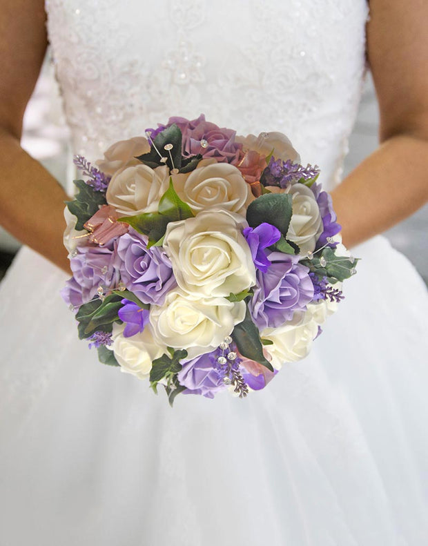 Brides Lilac & Ivory Rose Silk Lavender Freesia Wedding Bouquet