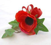 Red Silk Anemone & Satin Bow Wedding Guest Buttonhole