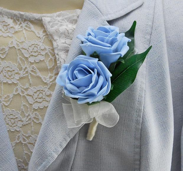 MOTHERS DOUBLE LIGHT BLUE ROSE PIN ON WEDDING CORSAGE