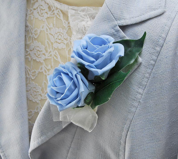 MOTHERS DOUBLE LIGHT BLUE ROSE PIN ON WEDDING CORSAGE