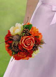 Brides Autumnal Orange Rose, Hydrangea, Calla Lily & Pine Cone Wedding Bouquet