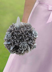 Brides Dark Grey Silk Hydrangea, Rose & Silver Leaf Wedding Bouquet
