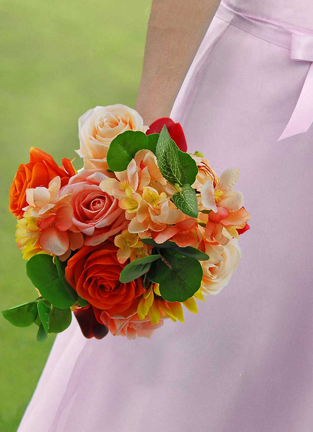 Brides Orange, Peach Silk Rose, Raspberry Calla Lily, Blossom & Yellow Sunflower Bouquet
