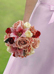 Brides Pink Silk Tiger Lily, Gyp, Ivory & Wine Rose Wedding Bouquet