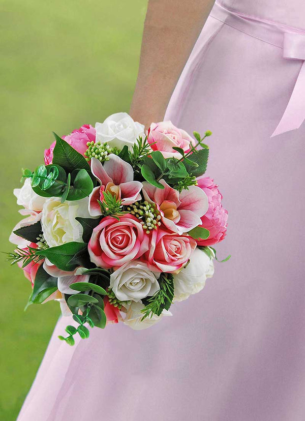 Brides Pink Wisteria, Rose, Orchid & Ivory Peony Hand-Tied Shower Bouquet