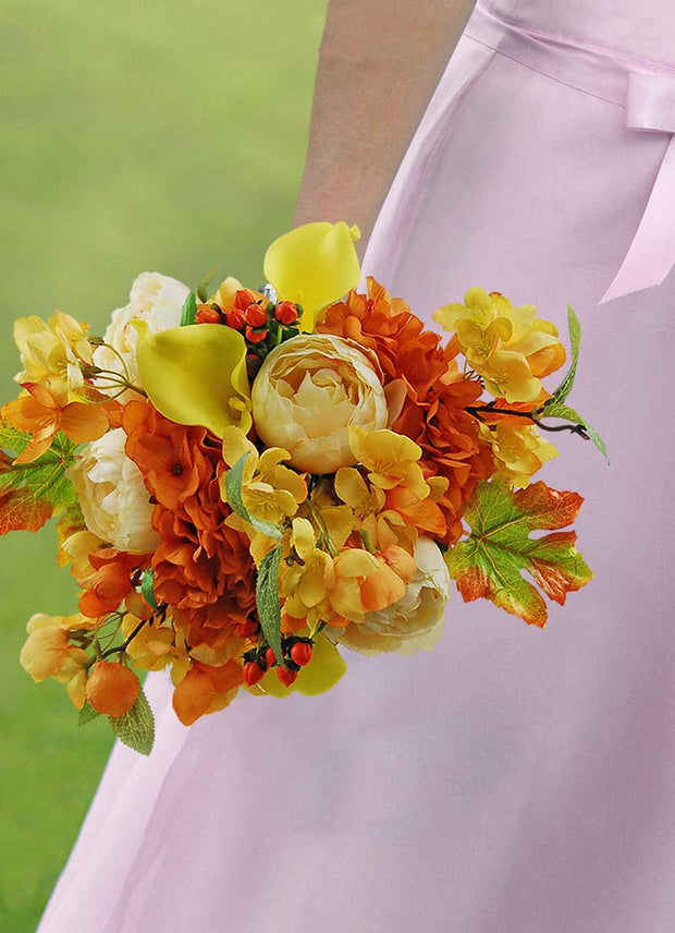 Brides Autumn Yellow Calla Lily, Mustard Orange Silk Cherry Blossom & Peony Wedding Bouquet
