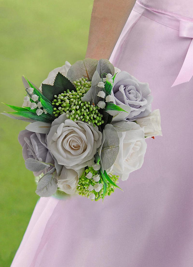 Brides Blue Grey, Ivory Silk Rose & Green Berry Wedding Bouquet