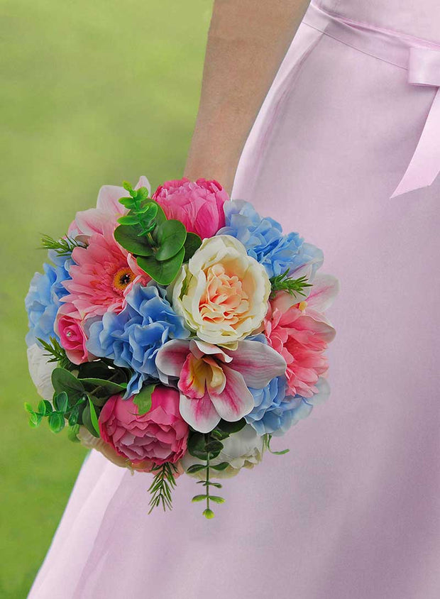 Brides Blue Hydrangea, Pink Peony, Gerbera & Ivory Rose Wedding Bouquet