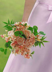 Brides Coral Cherry Blossom, Apricot Rose, Green Eucalyptus & Fern Wedding Bouquet