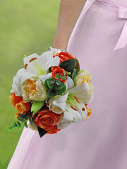 Brides Ivory Tiger Lily, Orange Silk Rose & Lemon Peony Wedding Shower Bouquet