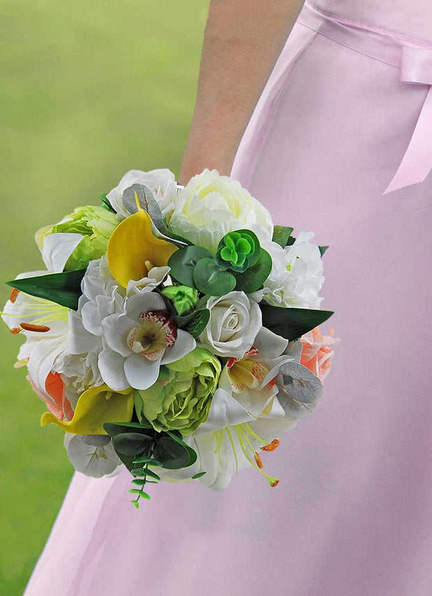 Brides Lime Silk Peony, Yellow Calla Lily & Peach Rose Wedding Bouquet