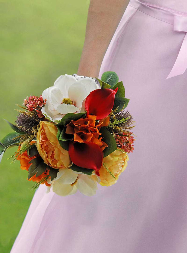 Raspberry Calla Lily, Teasel Thistle, Burnt Orange Silk Hydrangea & Apricot Peony Bridal Wedding Bouquet