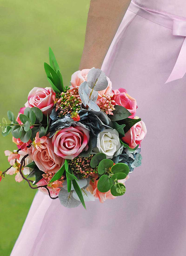 Brides Teal Silk Hydrangea, Pink, Ivory Rose & Cherry Blossom Wedding Bouquet