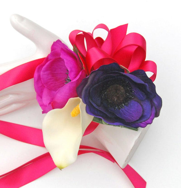 Pink, Purple Silk Anemone & Ivory Calla Lily Wrist Corsage