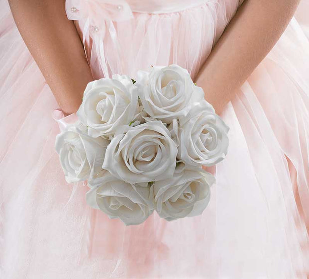 Brides Artificial Ivory Velvet Rose & Ivory Satin Ribbon Wedding Bouquet