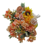 Mink Silk Roses, Cherry Blossom, Yellow Sunflower & Hydrangea Bridal Bouquet