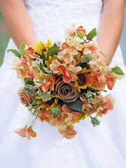 Mink Silk Roses, Cherry Blossom, Yellow Sunflower & Hydrangea Bridal Bouquet
