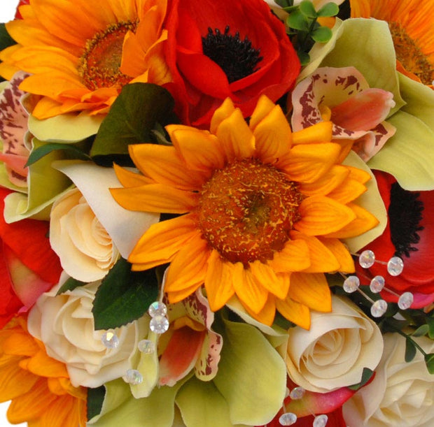 Brides Golden Sunflower, Red Anemone, Green Orchid & Cream Rose Bouquet
