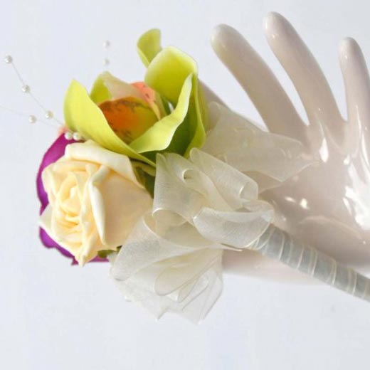 Green Orchid, Pink Anemone & Rose Flower Girl Wedding Wand
