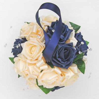 Navy Blue, Cream Rose & Crystal Flower Girl Pomander Ball