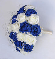 Brides Navy Blue & White Foam Rose Pearl Loop Wedding Bouquet