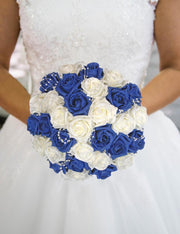 Brides Navy Blue & Ivory Pearl Foam Rose Bridal Wedding Bouquet