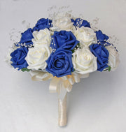 Brides Navy Blue & Ivory Pearl Foam Rose Bridal Wedding Bouquet