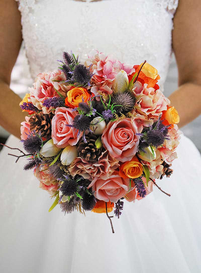 Peach, Orange Rose, Thistle, Tulip, Pinecone & Dusky Pink Hydrangea Bridal Bouquet
