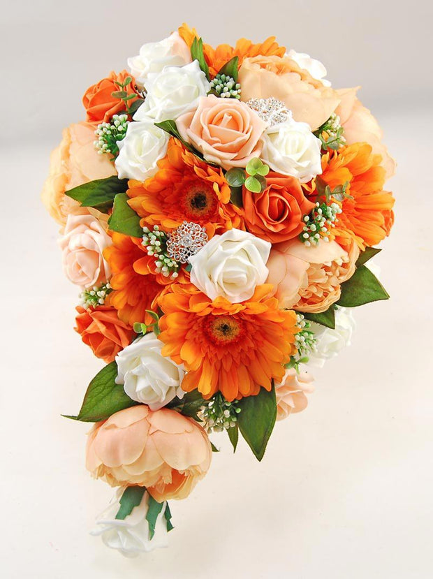 Brides Orange Gerbera, Peach Silk Peony & Rose Wedding Shower Bouquet