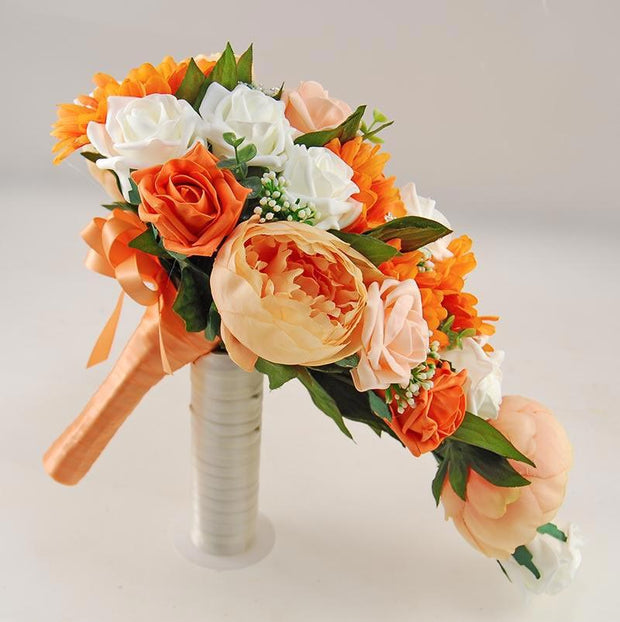 Brides Orange Gerbera, Peach Silk Peony & Rose Wedding Shower Bouquet