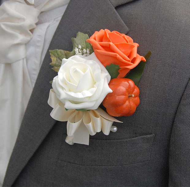 Grooms Ivory & Orange Foam Rose and Pumpkin Wedding Buttonhole