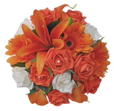 Orange Tiger Lily, Gerbera & Ivory Rose Bridesmaids Wedding Bouquet