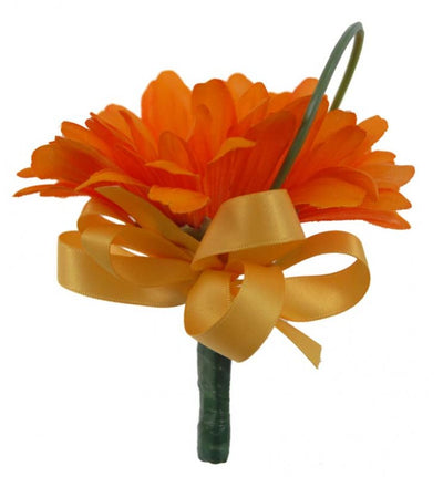 Orange Silk Gerbera & Gold Bow Wedding Guest Buttonhole