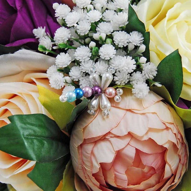 Dusky Peach Silk Peony, Lemon, Pale Apricot Roses, Gyp & Dragonfly Bridal Bouquet