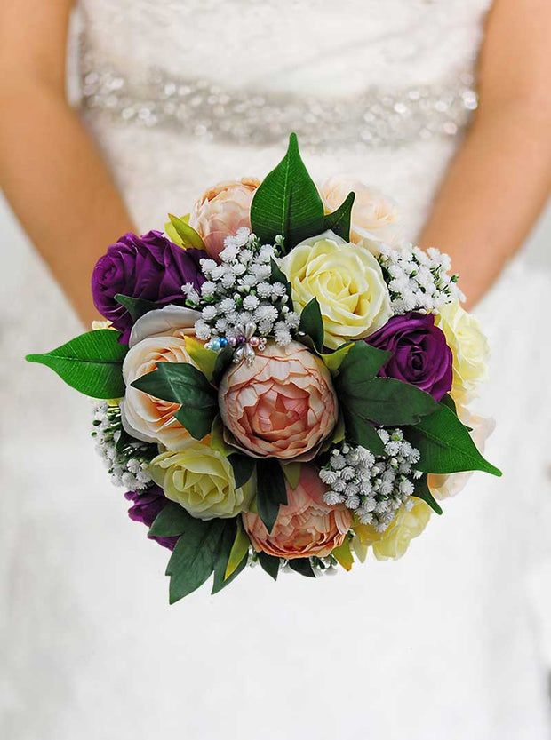 Dusky Peach Silk Peony, Lemon, Pale Apricot Roses, Gyp & Dragonfly Bridal Bouquet